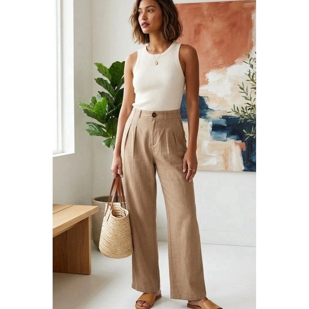 LOVE TREE Tan Linen Pleated Wide Leg Trouser Pants Sz S Coastal Gran Minimalist